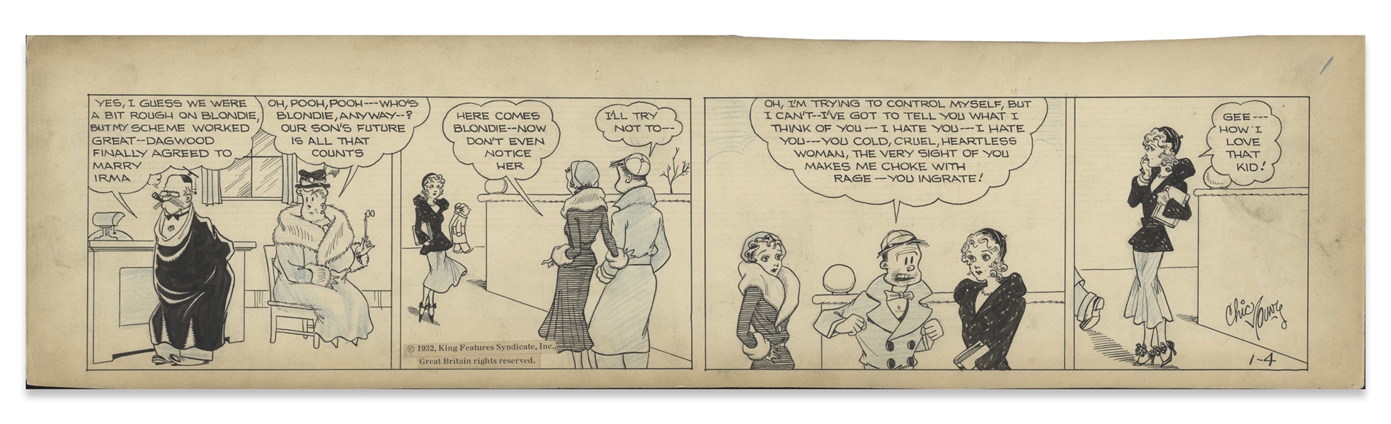 Chic Young Hand-Drawn ''Blondie'' Comic Strip From 1932 Titled ''Her Caveman!'' -- Dagwood's Jealous That Blondie Is Engaged to Another Man
